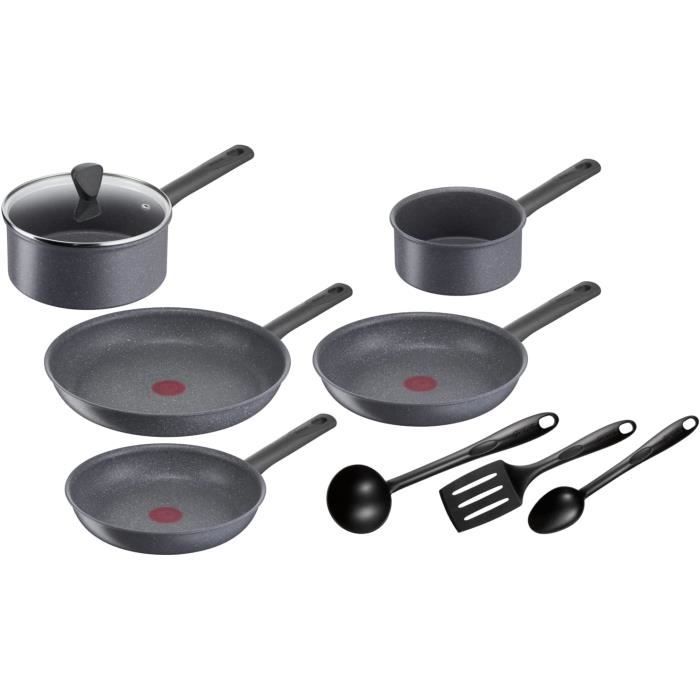 Tefal Natural On Batterie cuisine 9 p, Casseroles 16/20 cm + couv, Poeles 24/26/30 cm, Ustensiles, Antiadhesif, Thermo-Signal