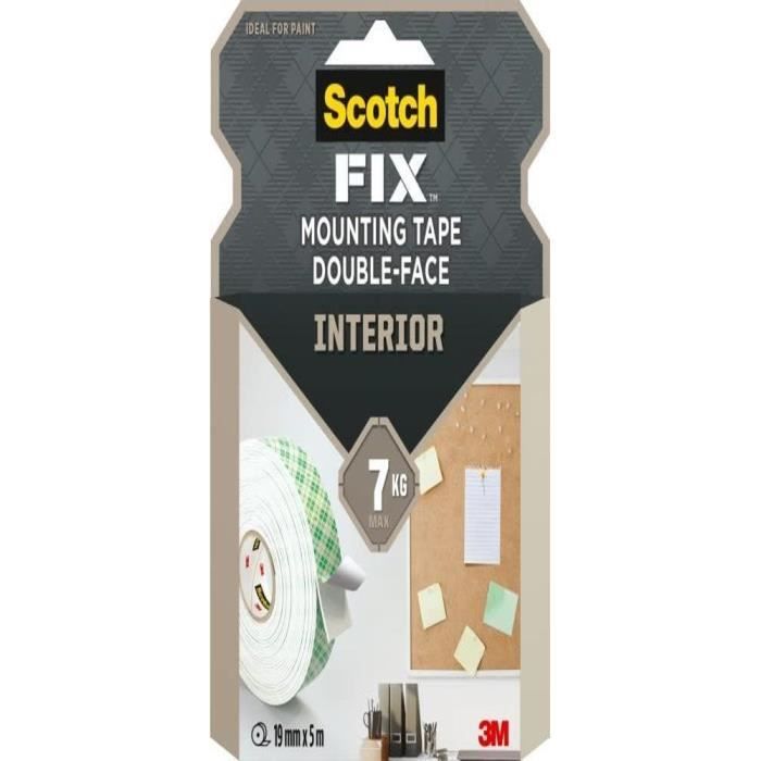 Scotch Fix Ruban De Fixation Double Face Extérieur – 19 Mm X 5 M, Gris, Charge Max 7 Kg, Résistant Intempéries Et UV