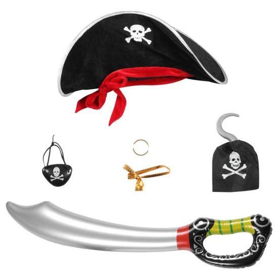 Set Pirate garçon, 5 pcs (gilet, chapeau, cache-oeil, crochet et boucle d' oreille) chez DeguizFetes.