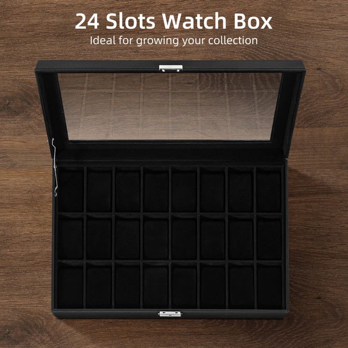 Boîte à Montres 24 Compartiments Uten – Coffret Velours Marron, Couvercle Verre, Serrure à Clé, Rangement élégant Pour Collection
