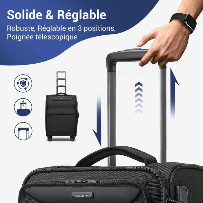 British Traveller Valise Souple Grande Taille 98L Extensible - Valise De Voyage 4 Roulettes Serrure TSA, 80x48.5x31 Cm Noir - Parfaite Pour 1-2 Semaines