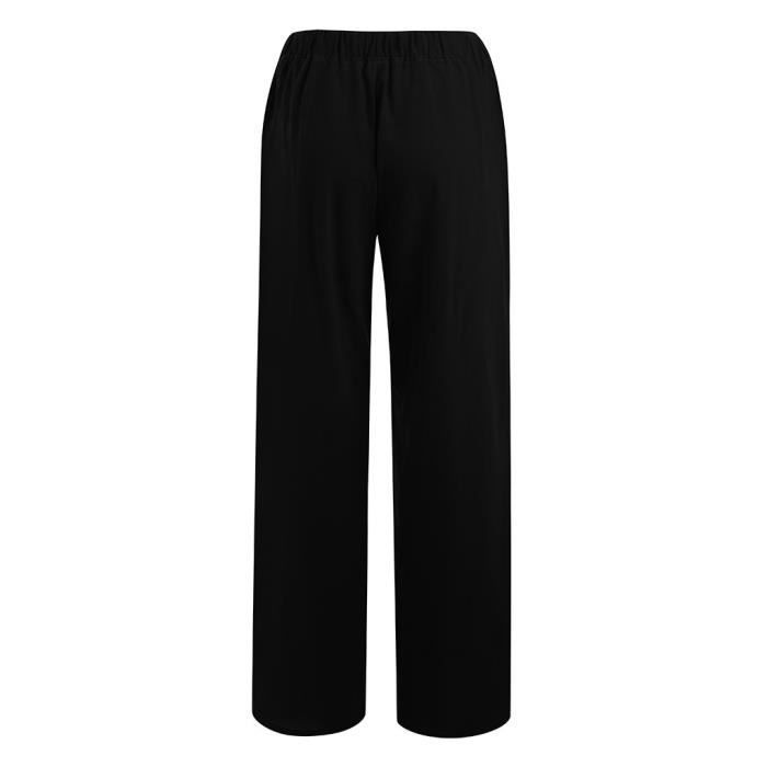 Femmes décontracté solide coton lin cordon élastique taille longue jambe large  pantalon Noir Noir - Cdiscount Prêt-à-Porter