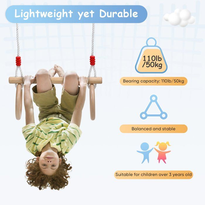 MAMOI Anneaux Gymnastique Bois – Trapèze Cirque – 50 Kg – Corde Réglable 85-135 Cm – Dès 3 Ans – Intérieur/Extérieur