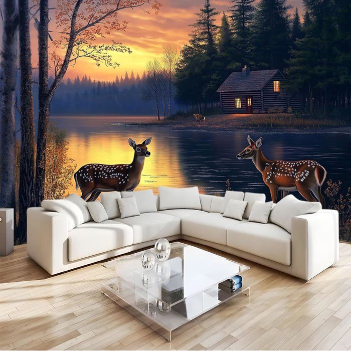 Tapisserie Murale Vintage Ozmekik – Cerf Au Bord De L'eau, 55x28 Cm, Tissu Décoratif