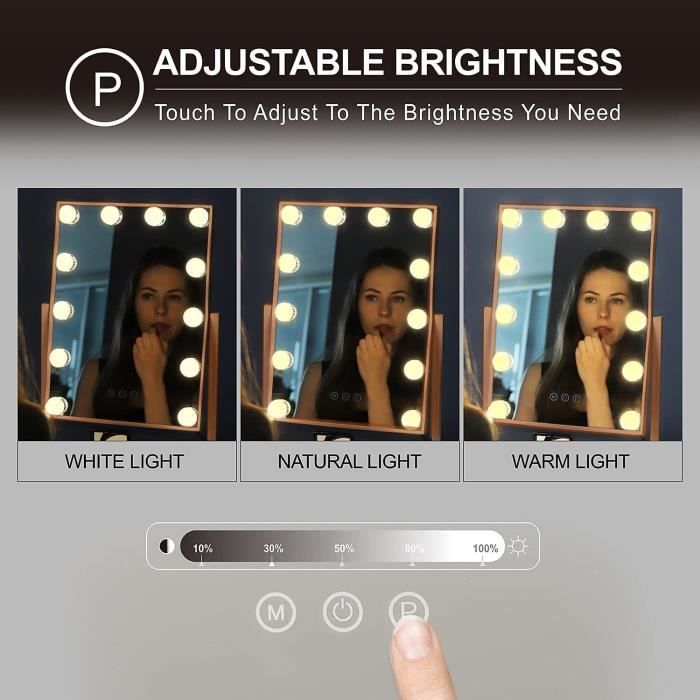 HUOLE. Miroir de maquillage avec lumières, miroir de courtoisie éclairé LED  à intensité variable, écran tactile rotation, 30*40cm - Cdiscount Maison