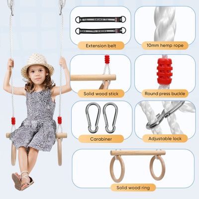 Balançoire Trapèze En Bois Avec Anneaux De Gymnastique – 50 Kg – Enfants 3 Ans+