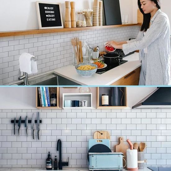 Carrelage Adhésif Mural 3D Pour Cuisine Et Salle De Bain - Lot De 10 Dalles PVC 30.5x15.3 Cm, Résistant à L'eau Et à La Chaleur (120°C) - Blanc