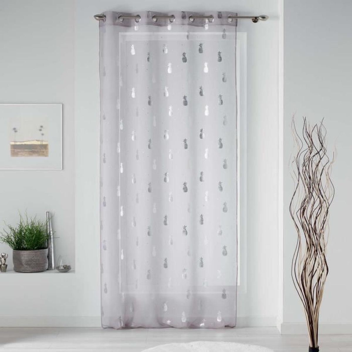 PANNEAU A OEILLETS 130 x 240 CM VOILE SABLE IMPRIME METALLISE KOLZA BLANC//ARGENT