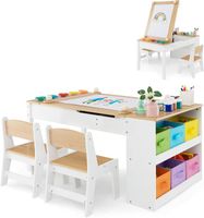 GOPLUS Table Enfant 3 Ans+ 2 Chaises-Plateau Relevable-Table d'Activité-6 Bacs de Rangement-5 Pots à Peinture-Naturel