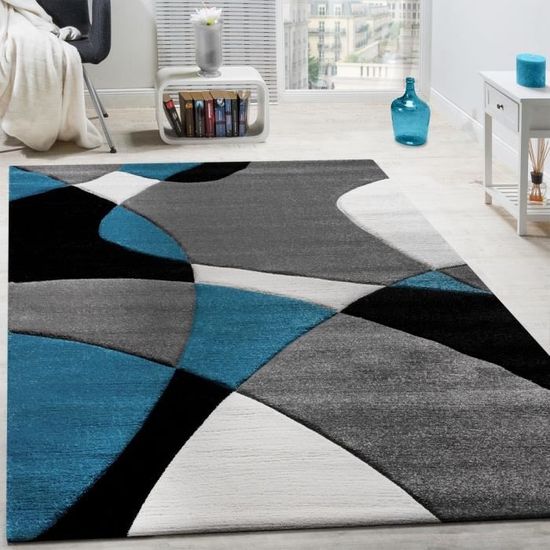 Tapis Salon Moderne Bleu 140x200 Cm | Motif Géométrique | Polypro Recyclable | Confort Poils Ras | Fabriqué En Europe