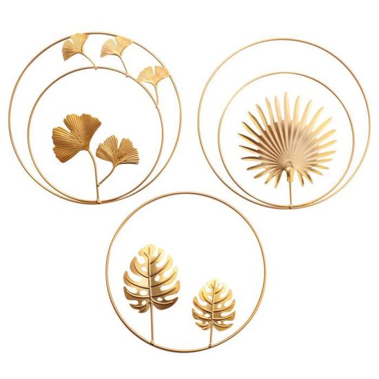 3 Décorations Murales Métal Doré - Motifs Feuilles (ginkgo, Palmier, Tortue) - Diamètre 28 Et 24 Cm