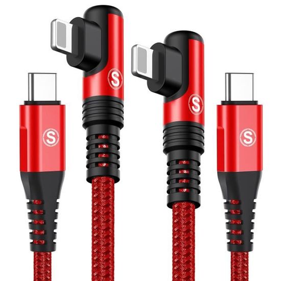 SWECENT Lot 2 Câbles IPhone Coudés 90° 2m - Nylon Tressé, Charge Rapide MFi, Compatible IPhone 14/13/12/11/Pro/X/8/7/SE