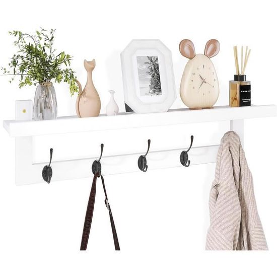 Patère Murale Avec Étagère En Bois 60cm - Rangement Entrée, Salle De Bain - Couleur Noyer