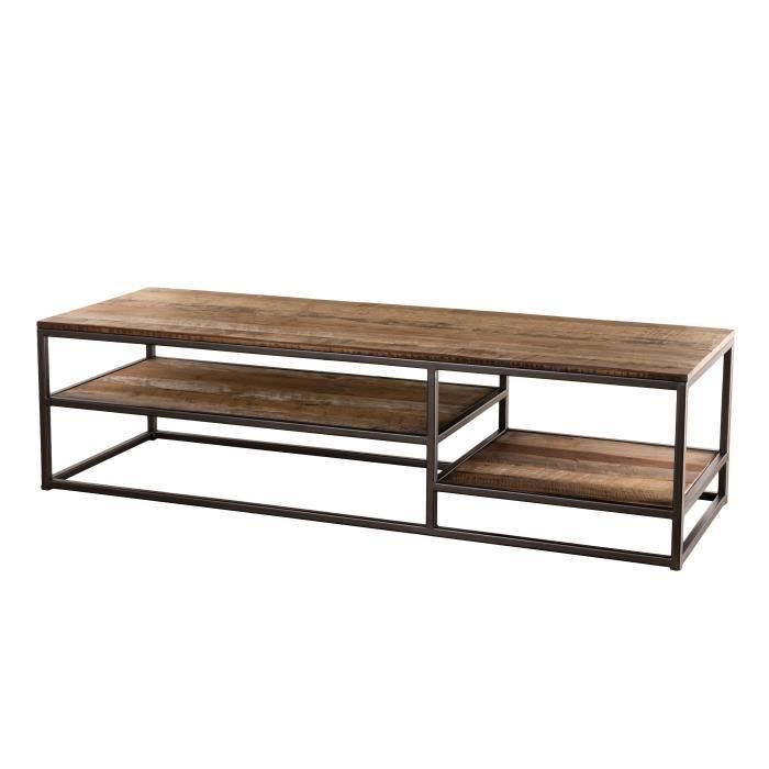 Table basse rectangulaire avec tablettes - Teck recyclé acacia mahogany et métal - L 150 x P 50 x H 40,5 cm