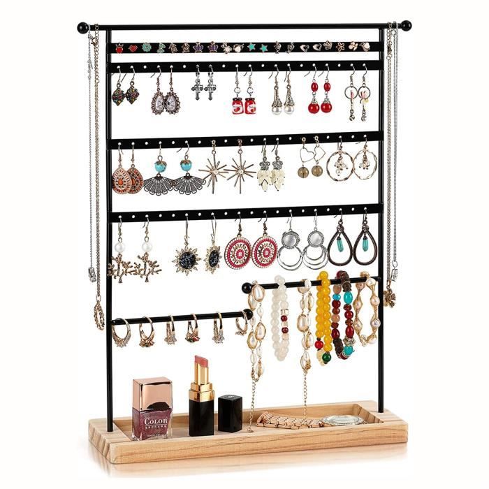Porte - bijoux de 80 trous, 7 boucles d'oreilles métalliques et porte - chaîne avec base de stockage en bois