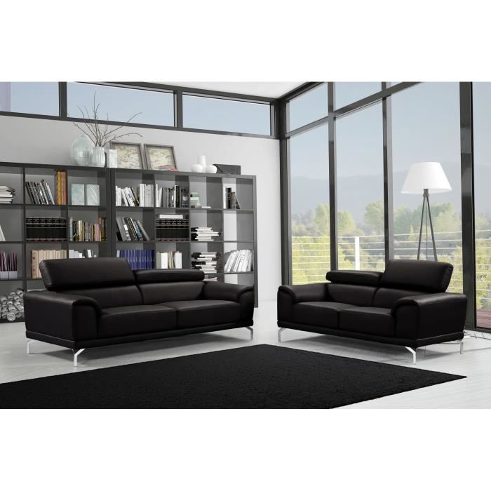 Ensemble canapé design contemporain 3+2 en simili cuir noir