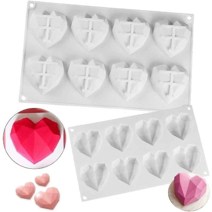 Moule 3D Silicone Individuel 8 Coeurs bombée Diamant Facette en Silicone Flexible pour Cake gâteau pâtisserie Entremets Savon