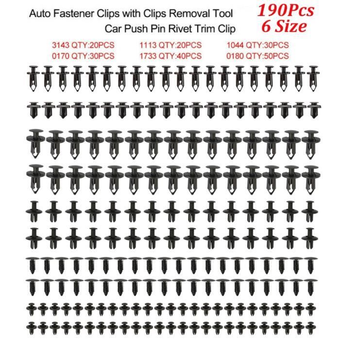 190pcs -190 pièces 6 taille universelle Auto attache punaise Rivet à garniture Clips véhicule voiture porte panneau garde boue doubl