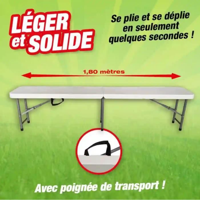 Banc pliant blanc 1M83 - plateau résine haute densité, structure acier