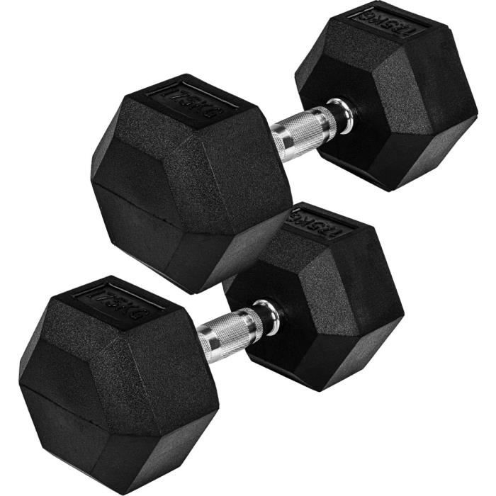 Movit® haltère hexagonal, Dumbbells en fonte avec revêtement caoutchouc, 2x17,5 kg, barre chromée, moletée et antidérapante