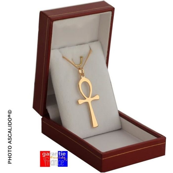 Pendentif Grand ANKH croix ansée egyptienne en vrai plaqué OR poinçonné avec chaine 50cm et ecrin. Pour homme ou femme