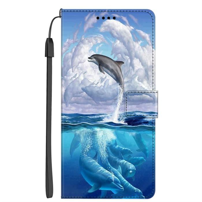 Coque pour vivo Y21s / Y33s Housse en Cuir PU Portefeuille Etui à Rabat Magnétique Support Motif Ciel Dauphin