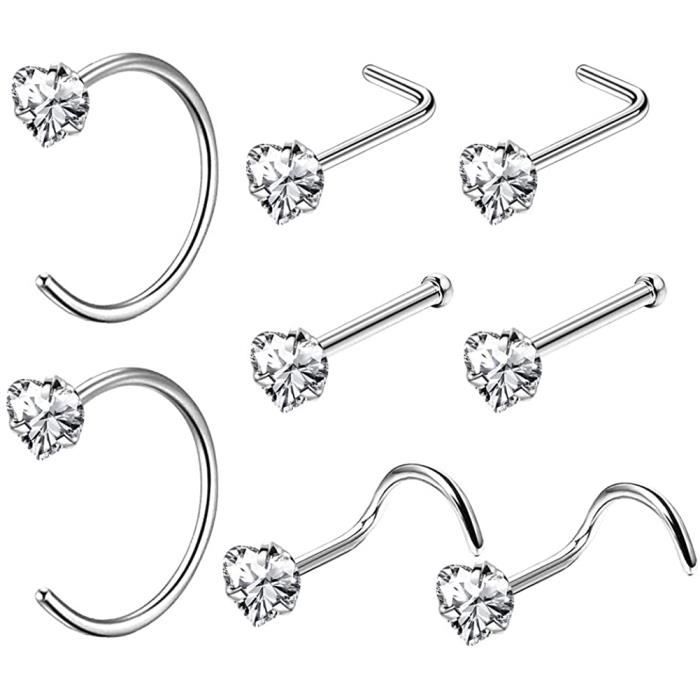 OUFER 8PCS Piercing Nez Ensemble en Acier Inoxydable 316L avec CZ Cœur Clou de Nez Bijoux de Corps 20G