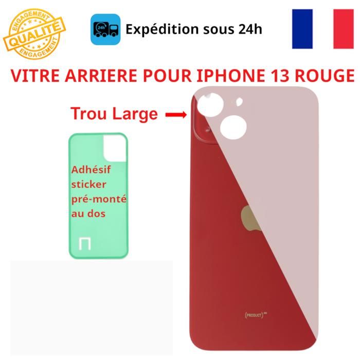 VITRE ARRIERE COMPATIBLE IPHONE 13 ROUGE ADHESIF GROS TROU