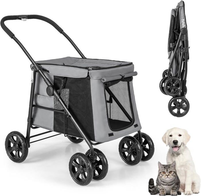 Comparer les prix de GOPLUS Poussette pour Chien Chat, Poussette Pliable à 4 Roues avec Portes Zippées, Lucarne Respirante, Fenêtres en Maille,