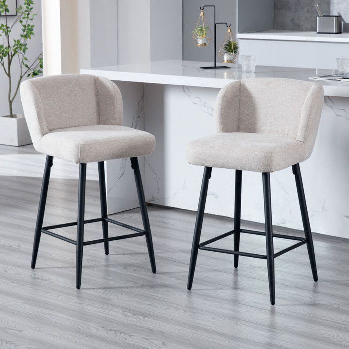 Wahson Tabourets de Bar Lot de 2 Chaise de Bar Moderne Tabouret Bar Moumoute Pieds Métal Chaise Bar Coussin Épais Lin Kaki