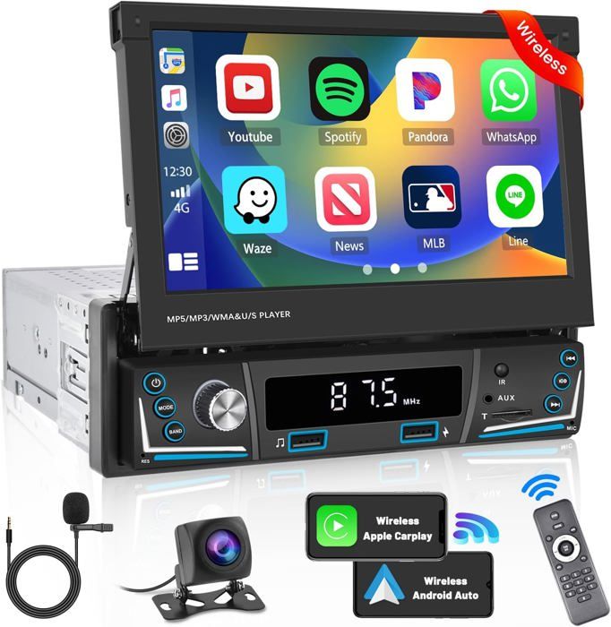 EYETOO sans Fil CarPlay L'écran pour Apple Carplay &Android Auto,Écran Tactile IPS de 7 Pouces Voiture Stéréo,Autoradio Portable,avec Siri/Google Voice GPS Navigation/Super Link/Mirror Link/Bluetooth