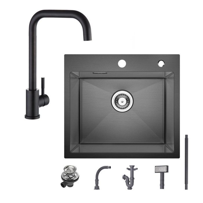 Evier cuisine 1 Bac 50×45CM inox Noir anthracite mitigeur de cuisine Rotatif 360°
