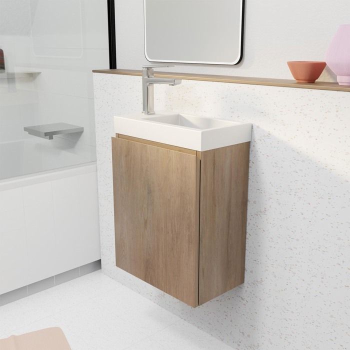 Meuble Lave main Blanc et Chêne Gris - Scandinave - 30x18 cm - Essento