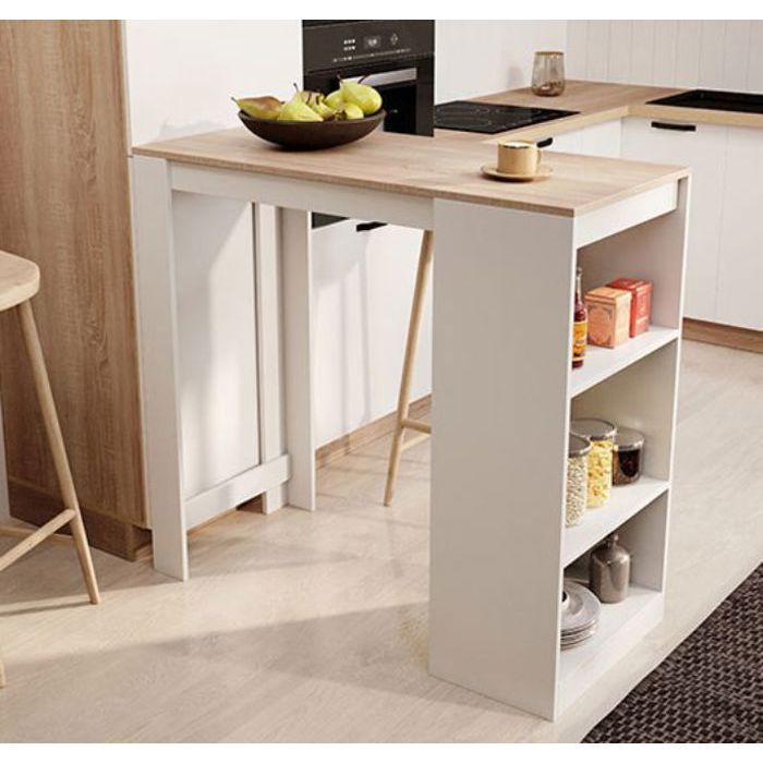 Table haute de bar 110 x 103 x 50 cm Couleur Blanc et Sonoma mat Table de cuisine avec 3 étagères Modèle Kyra Table haute de bar 110 x 103 x 50 cm Couleur Blanc et Sonoma mat Table de cuisine avec 3 étagères Modèle Kyra