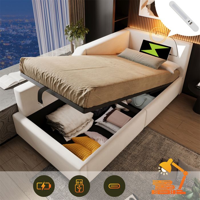 Lit Banquette avec Coffre de Rangemen - Lit 1 Place pour Adulte et Ado - avec Sommier - USB - Lampe de Lecture - Beige - 90x200