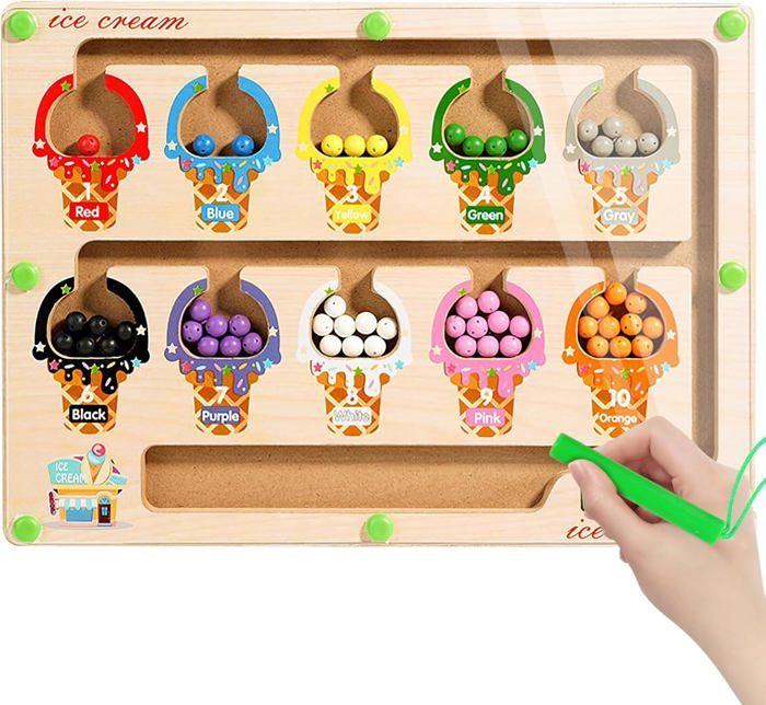 Labyrinthe Magnétique En Bois - Jeu Montessori 2-5 Ans Pour Associer Couleurs Et Compter - 55 Billes