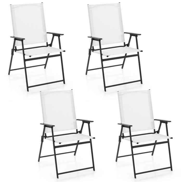 COSTWAY Lot de 4 Chaises Pliantes de Jardin Tissu Résistant aux Intempéries Accoudoirs pour Jardin Cour Arrière Piscine Blanc