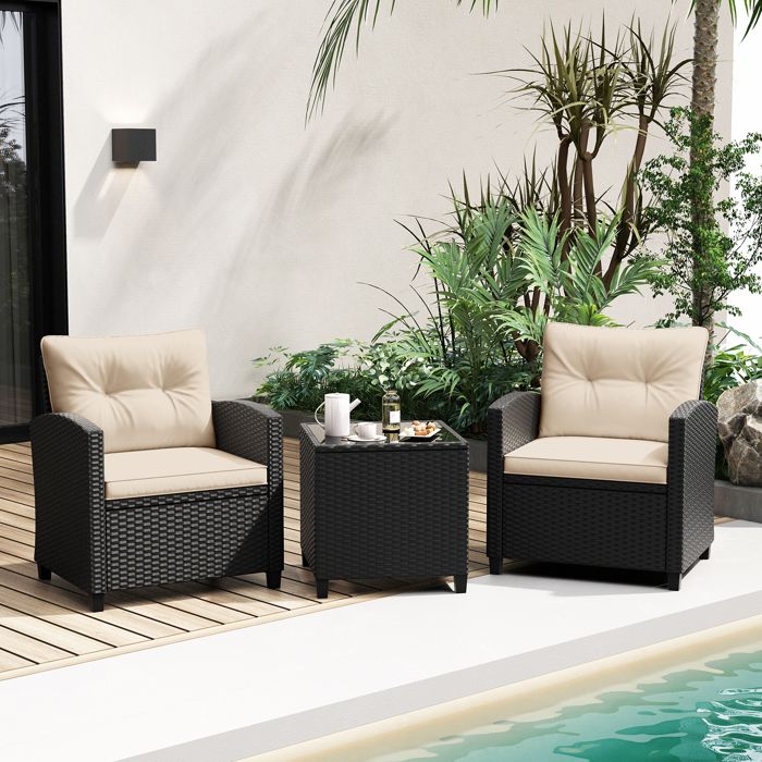 COSTWAY Ensemble Meubles de Jardin en Osier 3 PCS Table Basse et 2 Fauteuils Coussins de Siège et de Dossier Rembourrés Beige COSTWAY Ensemble Meubles de Jardin en Osier 3 PCS Table Basse et 2 Fauteuils Coussins de Siège et de Dossier Rembourrés Beige