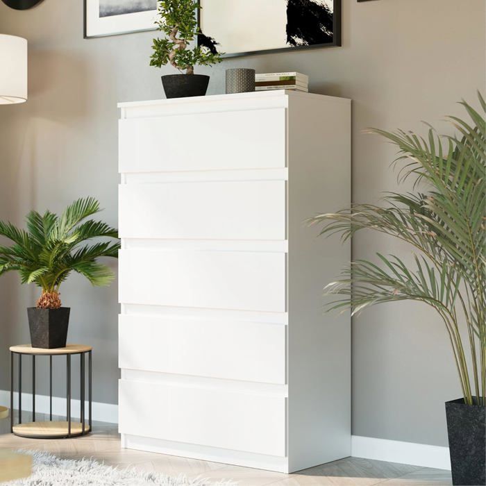 Commode Blanche 5 Tiroirs Avec Poignées Dorées - Meuble De Rangement Pour Chambre, Salon, Salle De Bain - 9