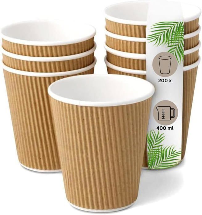 Gobelets Cannelés Noirs à Double Paroi DeinPack - 200 Ml, Lot De 200, Carton Kraft écologique, Barrière Thermique
