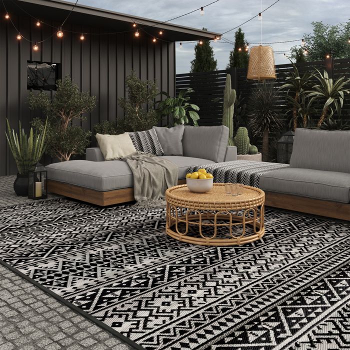 Tapis D'extérieur Réversible Géométrique - Imperméable, Résistant Aux UV, Pliable Avec Sac - Pour Terrasse, Jardin, Camping (Noir/Gris, 122x183 Cm)