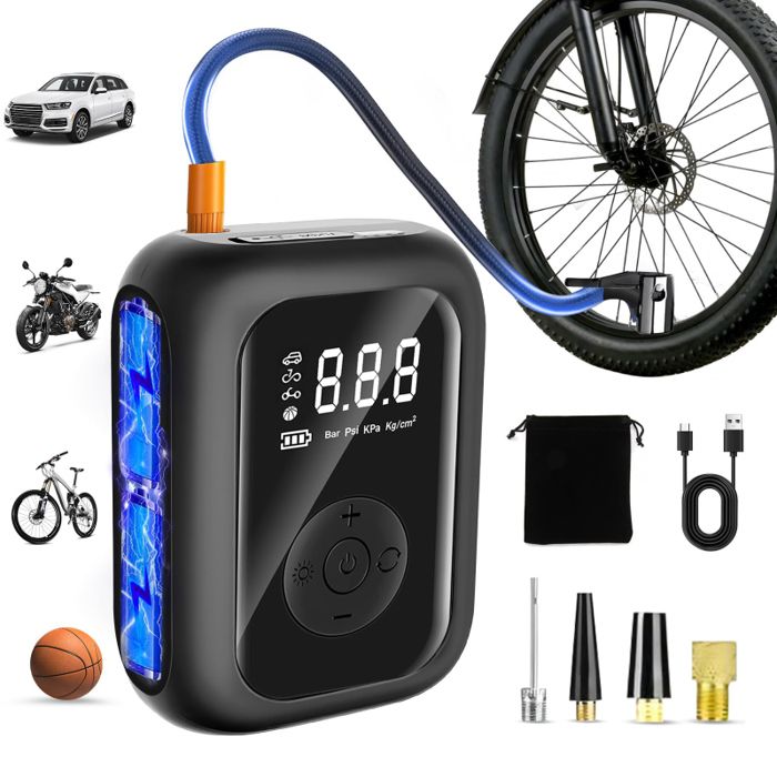 Pompe à Vélo Électrique 150PSI - Mini Pompe Velo Portable avec Batterie 6000mAh Gonfleur Pneu Velo Rapide Ecran LCD Lampe LED
