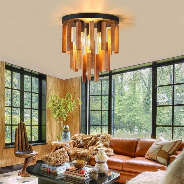 SNOGOLD Plafonnier en Bois Massif Rétro Rustique E27 Luminaire Plafonnier Lampe avec Bande en Chêne Plafonnier pour Salon Couloir