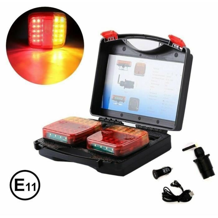 Lot De 2 LED Feux Arrières E11 Marqué Homologué A Base Magnétique Sans Fil Wireless 5 Fonctions Universels Pour Auto Tracteur Label