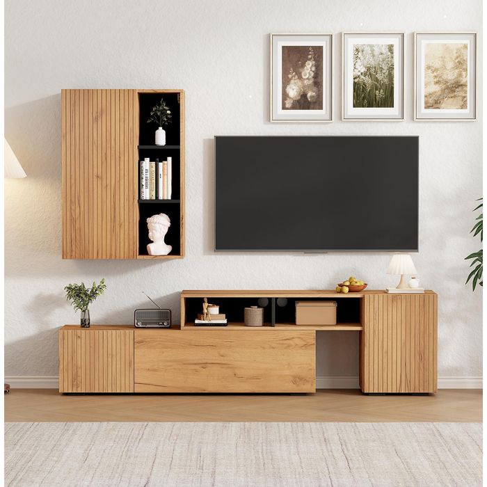 Ensemble mural TV 2 pièces avec vitrine meuble multimédia et étagère longueur ajustable jusquà 265 cm Bois+Noir Ensemble mural TV 2 pièces avec vitrine meuble multimédia et étagère longueur ajustable jusquà 265 cm Bois+Noir