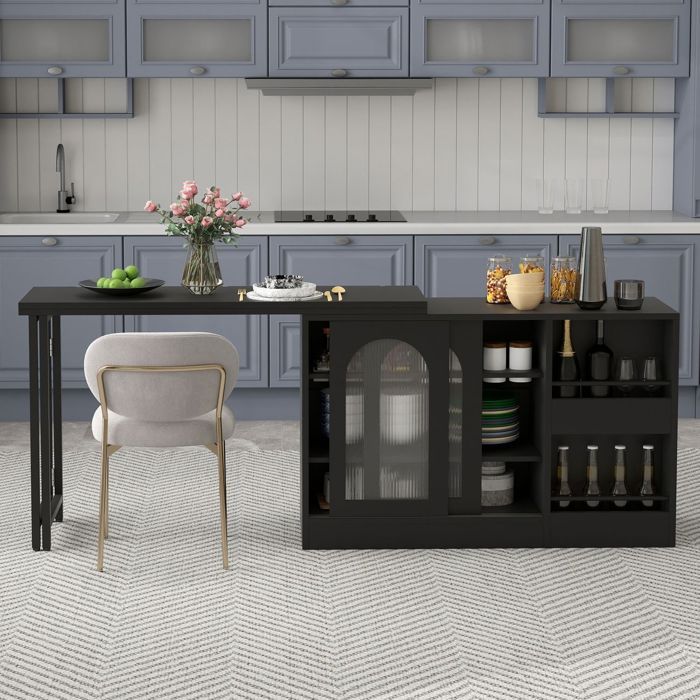Comptoir de bar - SOGEU - Extensible pivotant - 360° - Portes verre nervuré - Rangements réglables