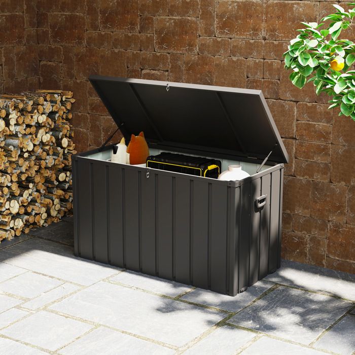 Coffre de rangement pour jardin 450L en métal avec vérin à gaz roulettes et poignée - dim. 1255L x 615l x 70H cm