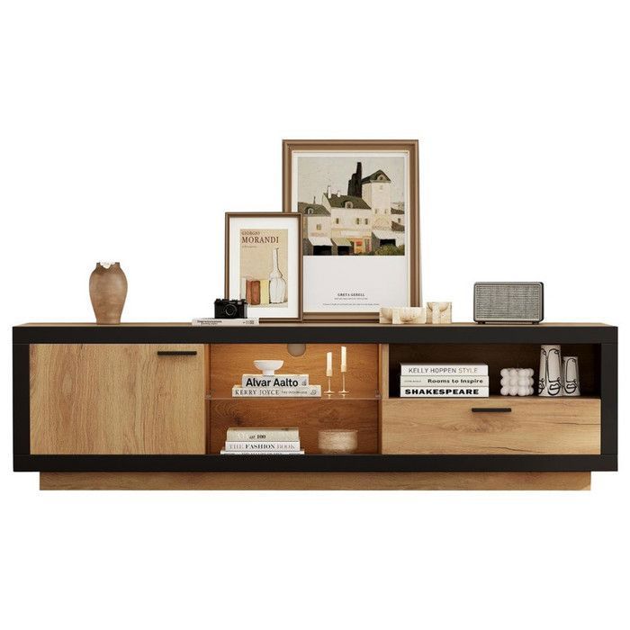 Meuble TV LED - commode TV meuble TV bas moderne avec étagères en verre pour salon chambre console TV avec rangement