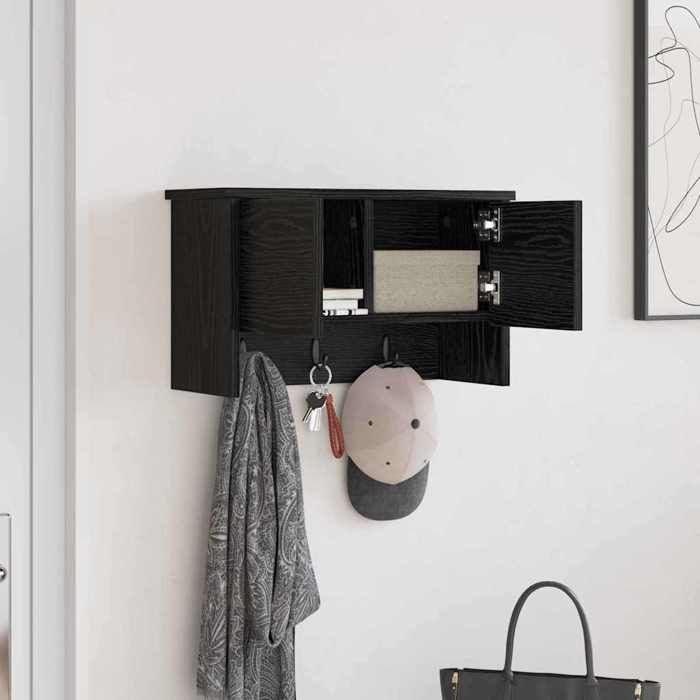 Porte-manteau mural avec étagère - WIENS - Chêne noir - 50x20x30 cm - Bois dingénierie - 2 étagères - 2 portes