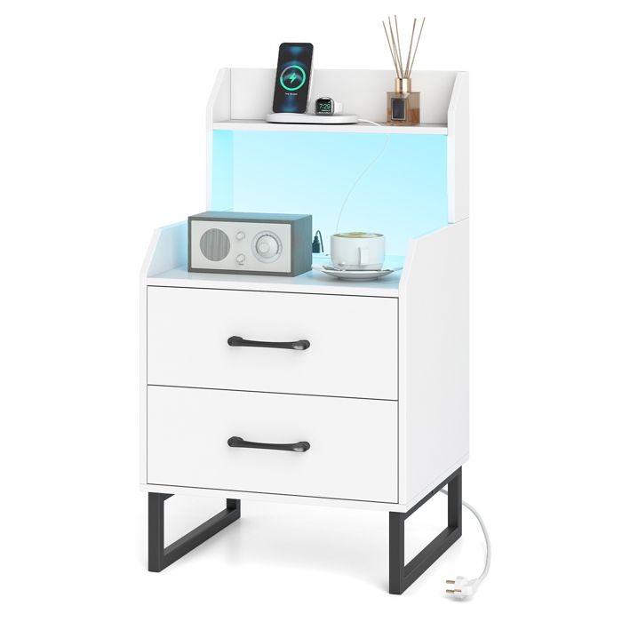 COSTWAY Table de Chevet - Prise Intégrée LED Port USB Type-C 2 Tiroirs Étagère Ouverte Télécommande pour Salon Chambre Blanc COSTWAY Table de Chevet - Prise Intégrée LED Port USB Type-C 2 Tiroirs Étagère Ouverte Télécommande pour Salon Chambre Blanc